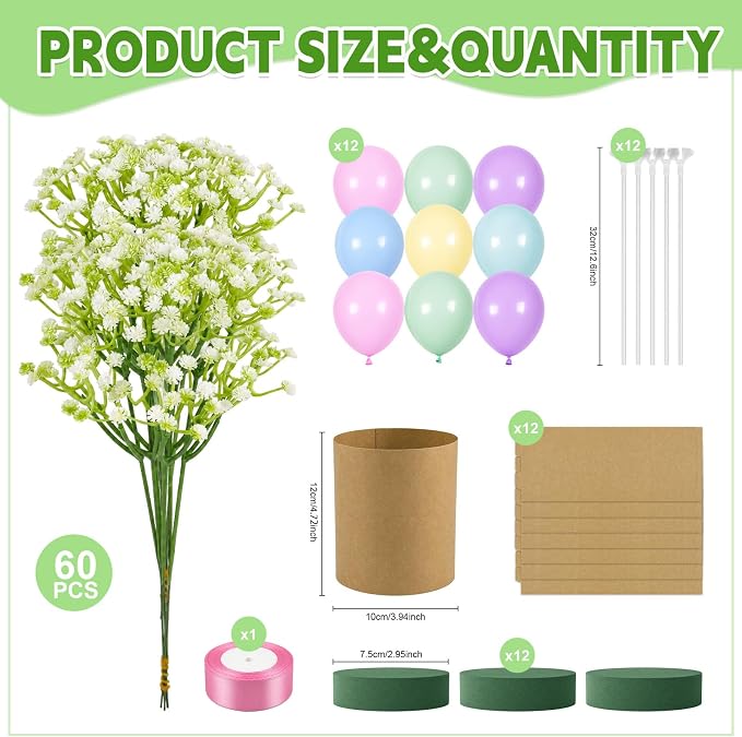Cinrobiye 12 Pcs Wedding Table Centerpiece Boxes with Artificial Baby's Breath Flowers,Balloons,and Ribbon,DIY Photo Display Floral Table Decorations for Wedding Reception Engagement Bridal Shower