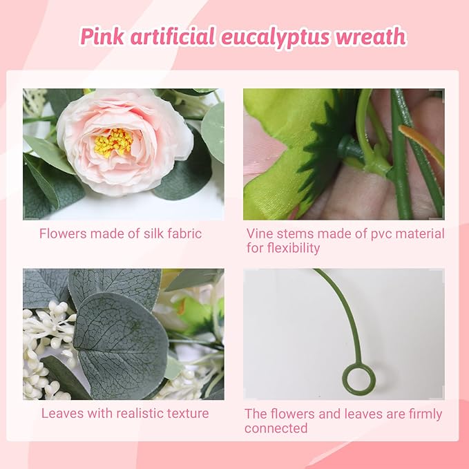 Zerzsy 2 Pack Artificial Greenery Vine Fake Flower Garlands, 6.6Ft Pink Floral Rose Garland, Eucalyptus Garland Faux Silk Hanging Vine for Wedding Table Runner Room Decor (Pink)