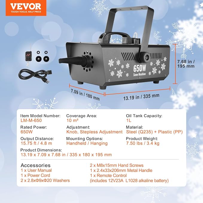 VEVOR Snow Machine, 650W Wireless Remote Control Snow Maker Machine with 1L Tank High Output Portable Premium Artificial Snowflake Machines for Christmas Holidays Parties Wedding Stage Effect