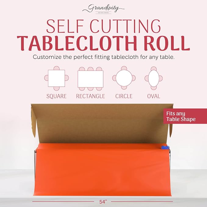Grandipity Plastic Tablecloth Roll - 54in x 300 Ft. Orange Plastic Table Cloths for Parties Disposable with Cutter Box - Cut to Size Disposable Tablecloth Table Cover for Rectangle & Round