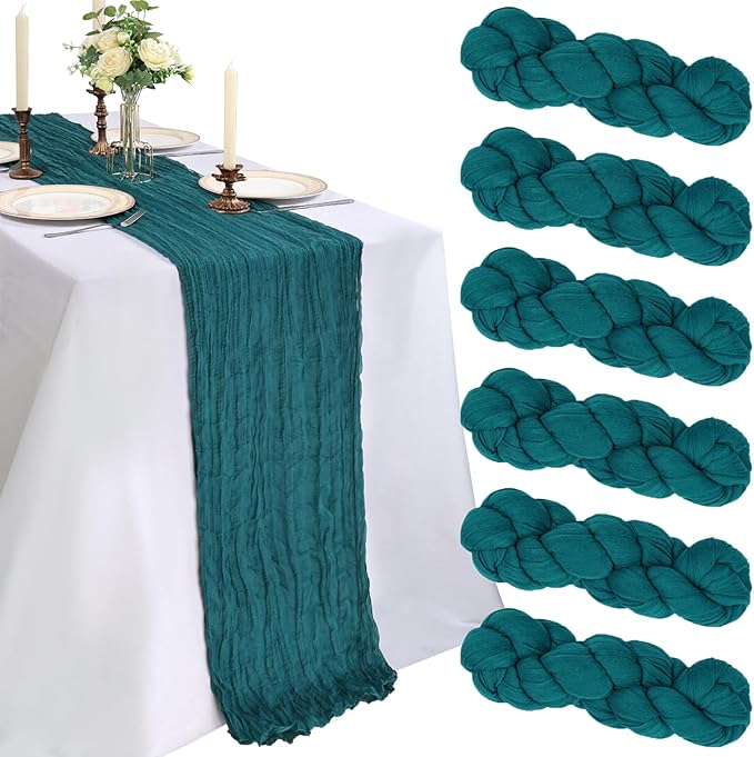 6 Pack 10FT Teal Cheesecloth Table Runner 120 Inch Long Gauze Rustic Boho Spring Cheese Cloth Table Runner Sheer Fabric Decorations for Holiday Party Wedding Banquet Bridal Baby Shower Décor
