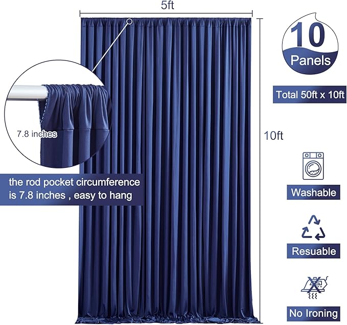 10 Panels Navy Blue Backdrop Curtain for Parties Wrinkle Free Photo Curtains Backdrop Drapes Fabric Decoration for Wedding Birthday Party Baby Shower 50ft(W) x 10ft(H)