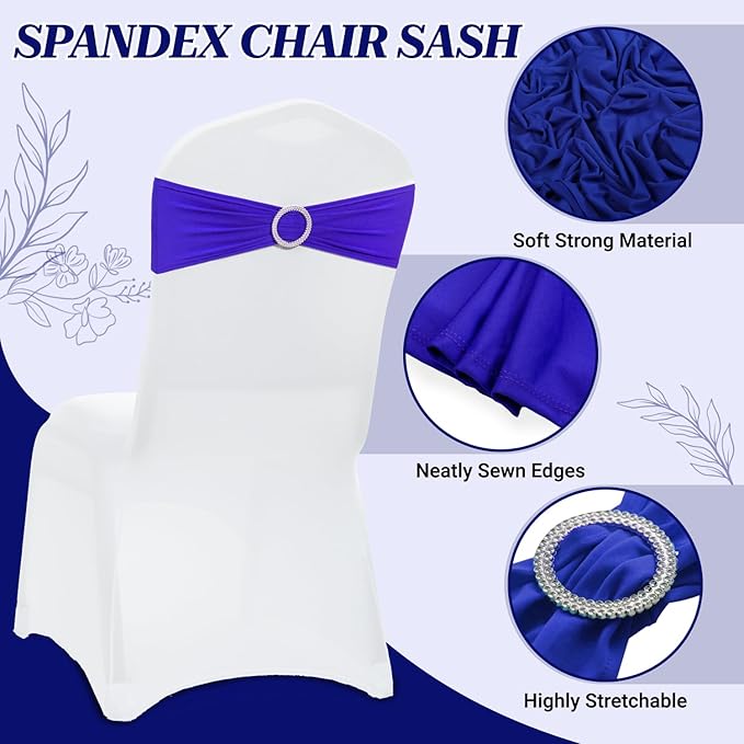 VDS - Royal Blue | Spandex Chair Sashes Bows | 25 PCS | Stretch Elastic Banquet Universal Folding Chair Band Tie with Silver Buckle Slider for Wedding Party Conference Celebration Event Decoration