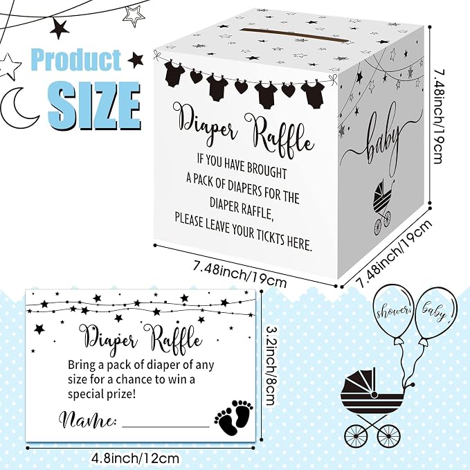 Teling 51 Pieces Diaper Raffle Tickets with Card Box Baby Shower Decorations Baby Shower Holder Box for Girl Boy Diaper Raffle Party(Fresh Style)