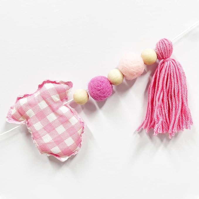 Pink Plaid Baby Clothes Decorations Pre-Strung Handmade Felt Baby Clothes Wool Felt Ball Wooden Bead Banner Garland for It's a Girl Sweet Baby Girl Baby Shower Party Nursery Home Fireplace Wall Decor