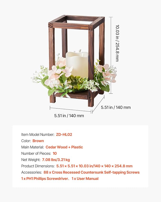 VEVOR 10 Set/30 Pcs Wooden Wedding Lantern Centerpiece, Includes 10 Wooden Lantern Candle Holder 10 Flameless LED Candle 10 Champagne Flower Wreath for Wedding Table Party Farmhouse Decor, Brown