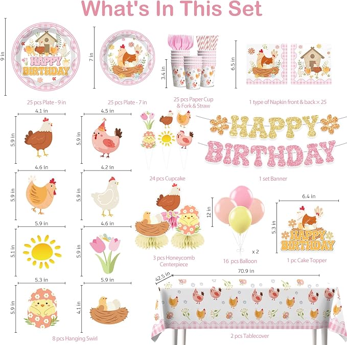 Xynic 213pcs Chicken Birthday Decorations, Convenient Disposable Tableware Set Includes Waterproof Tablecloths 350gsm Plates Centerpieces and Banner, Chicken Party Decorations Serve 25