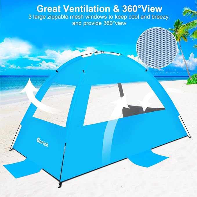Gorich Beach Tent Sun Shelter for 3/4/6/8/10 Person with UPF 50＋ UV Protection, Lightweight & Easy Setup Beach Shade Canopy, Portable Beach Shade Tent Beach Cabana
