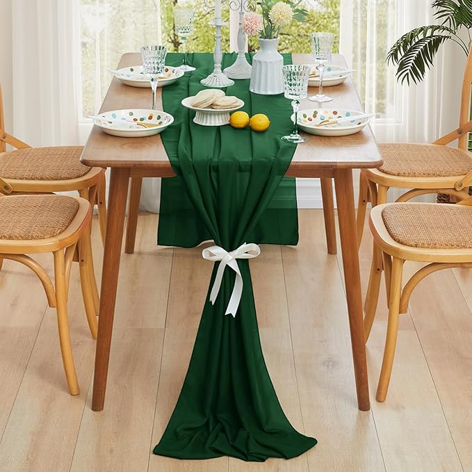 Horbaunal 2 Pack Dark Green Chiffon Table Runners 10FT Sheer Chiffon Runner 29x120 Inches Romantic Boho Rustic Table Runner for Wedding Party Bridal Baby Shower Table Decorations