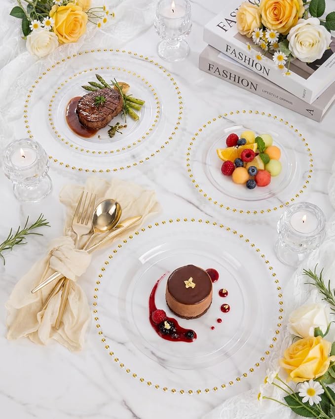 supernal 180Pcs Clear Gold Dinnerware Set,Premium Heavy Duty Clear Plastic Plates with Gold Beads,Clear Disposable Plates with Plastic Silverware and 10oz Cups for Wedding/Party/Valentine's Day