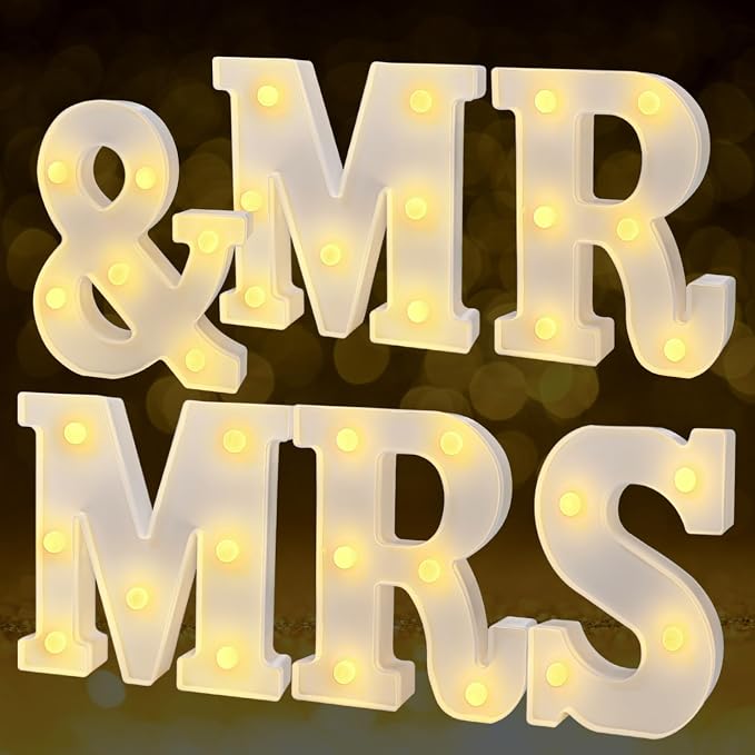 JUSTOTRY 6Pcs Mr & Mrs LED Light Up Letters, 6.2 Inch Shiny Freestanding Mr and Mrs Sign Lights for Marriage Anniversary Celebration Engagement Banquet Wedding Table Decoration (Warm White)