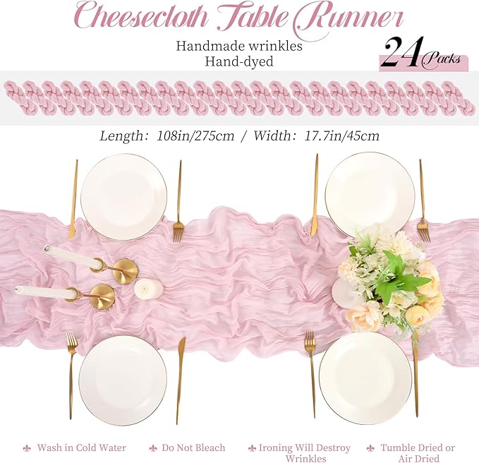 24 Packs Light Pink Table Runner, Charming Cheesecloth Table Runner 17 x 108inch, Gauze Boho Wedding Decoration Rustic Sheer Fabric Cheese Cloth Table Runners for Wedding Party Bridal Shower