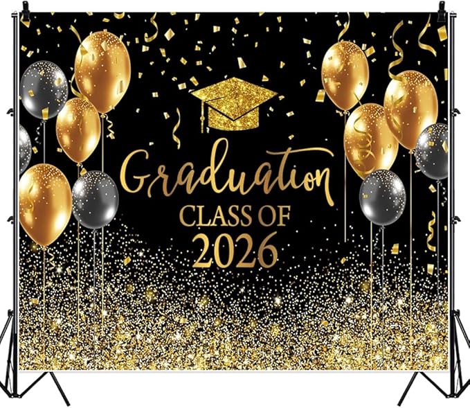 DASHAN 10x8ft Graduation Decorations Backdrop Black Gold Congrats Grad Class of 2026 Backdrop for Photography Graduation Ceremony Party Supplies Background Cake Table Banner Decor Photo Booth Props