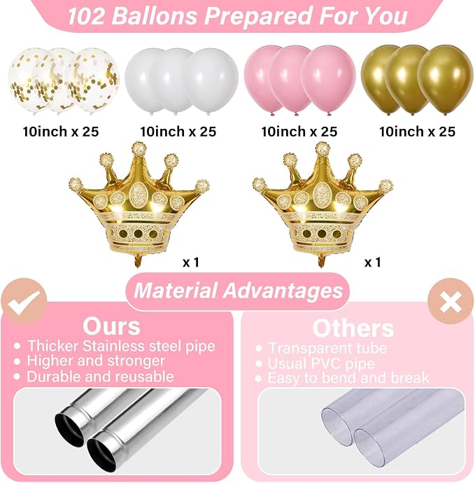 2 Sets Princess Party Balloon Column Stand Kit With 102 Crown Foil Balloons 5.57Ft Adjustable Balloon Tower Stand With Base Pink and Gold Arch Column for Girls Birthday Baby Shower Party Supplies