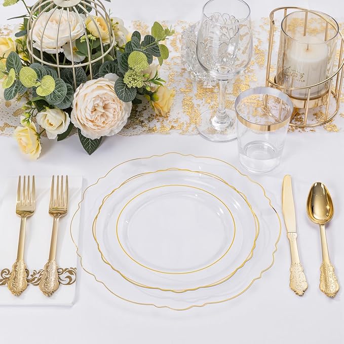 KIRE 210Pcs Clear and Gold Plastic Plates - Heavy Duty Clear Plates with Gold Rim - Disposable Dinnerware Sets of 60 Plastic Plate 90 Silverware 30 Cups 30 Napkins for Wedding/Mother's Day