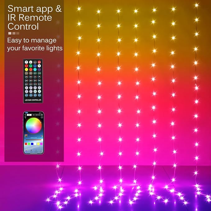 LED Curtain Lights 8ft x 6ft, 144 RGB Color Changing Fairy Lights | 200+ Lighting Modes,APP & Remote Control,Timer,Dimmable,Waterproof String Lights for Bedroom Wall Patio Party Christmas Decor