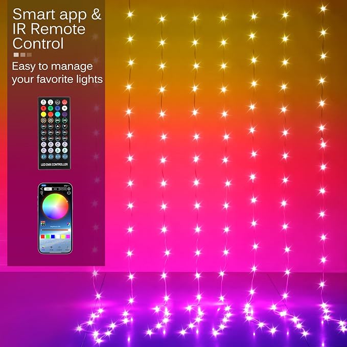 LED Curtain Lights 6.6FTx6.6FT,200 RGB Color Changing Fairy Lights | 200+ Lighting Modes,APP & Remote Control,Timer,Dimmable,Waterproof String Lights for Bedroom Wall Patio Party Christmas Decor