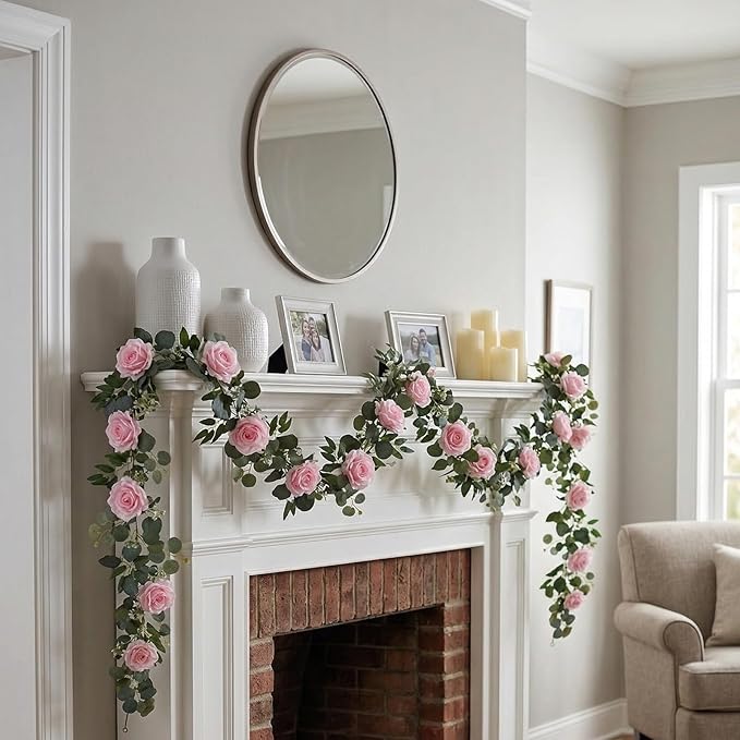 AuroraAria Pink Flower Garland, 2 Pack Total 11.6FT Artificial Eucalyptus Garland with Roses, Floral Greenery Garland for Wedding Arch, Spring Home Decor