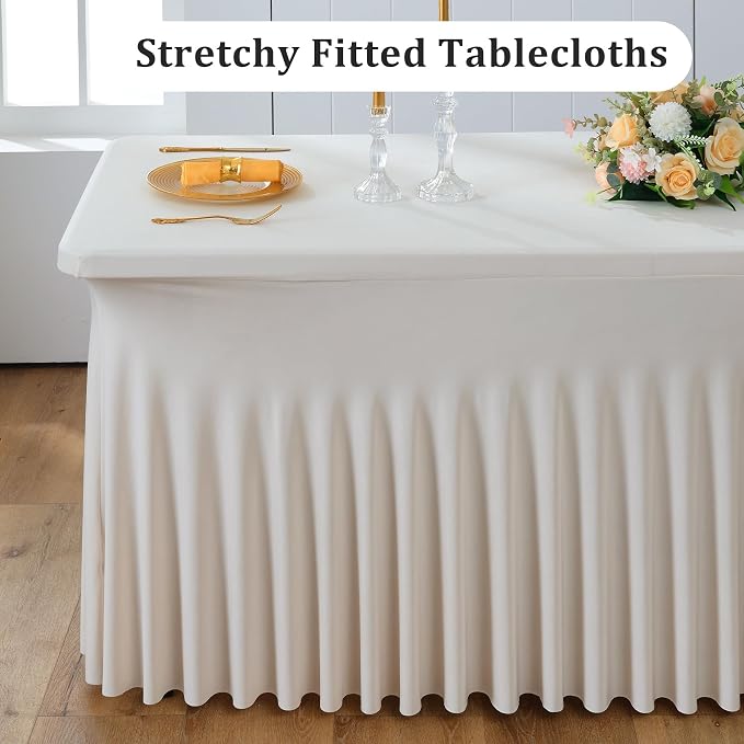 2 Pack Beige Spandex Table Clothes for 8 Foot Rectangle Tables, Wrinkle Free Fitted Table Cover 8ft Stretch Tablecloths Desk Skirt for Parties Weddings Birthday Banquet Baby Shower
