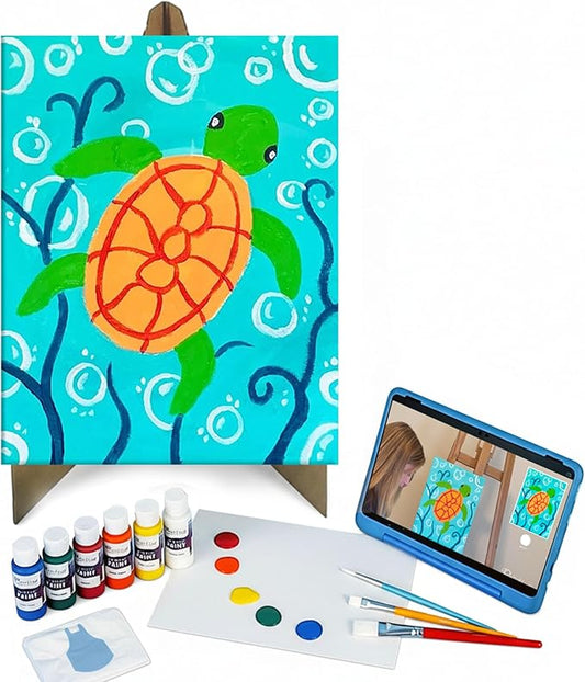 Painting to Gogh - Swimming Sea Turtle – Junior Artist Painting Kit – Ages 6+– 11x14 Canvas, 3 Paint Brushes, Acrylic Paint, Cardboard Easel, Palette, Apron & Step-by-Step Tutorial for Kids