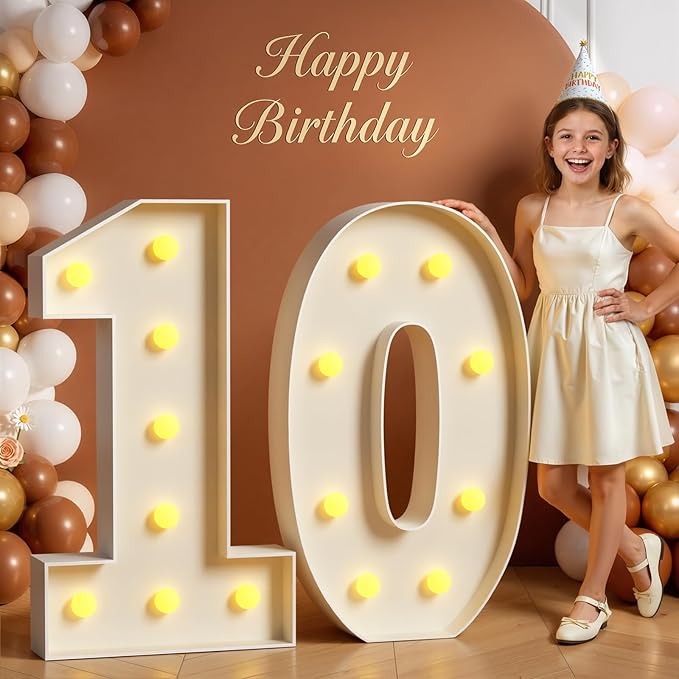 Tongjoy 3FT Marquee Numbers Large Light Up Numbers for 10th Birthday Decoration, Light Up for 10 Years Old, Anniversary Party Decor Birthday, Pre-Cut Foamboad DIY