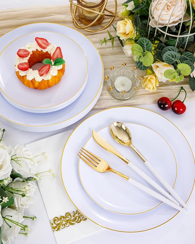 Supernal 350PCS White and Gold Plastic Dinnerware Set (Serves 50 Guests) - Extra Heavyweight Disposable Plates with Premium Two-Tone White Handle Gold Utensils, Cups, Napkins for Wedding
