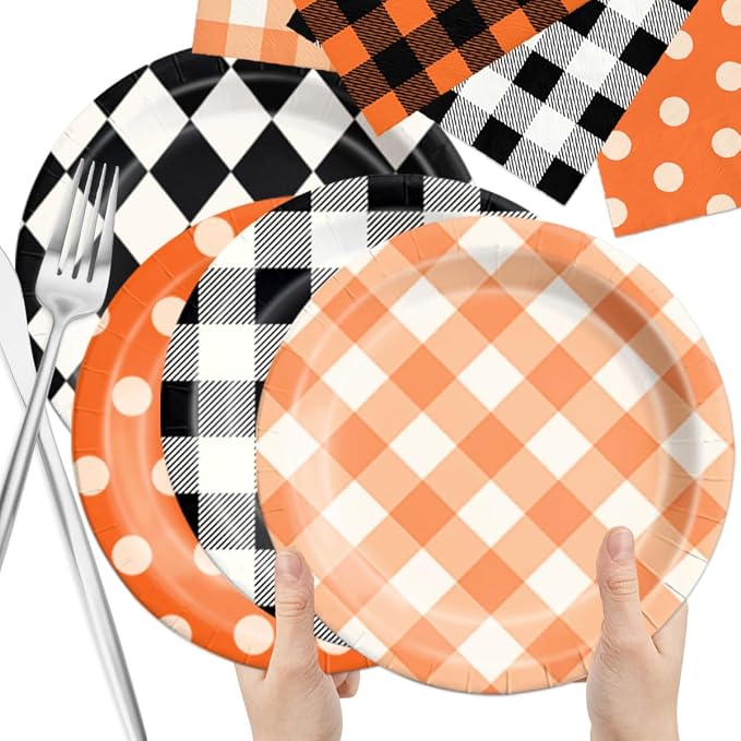CMUSKO Fall Plaid Decorations - 60pcs Black Orange Buffalo Plaid Plates and Napkins Thanksgiving Halloween Gingham Tableware