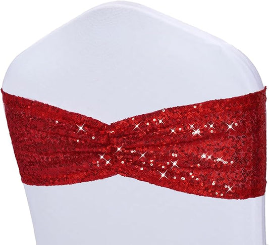 Poise3EHome Red Sequin Chair Sashes Folding Chair Covers Bow for Wedding Party Reception Decorations, 10 PCS