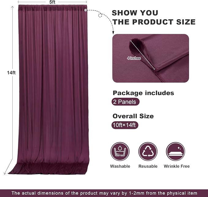 10x14ft Burgundy Backdrop Curtains for Wedding Party, 2 Panels 14 ft Long Back Drop Cloth, Wrinkle-Free Polyester Drapes for Birthday, Baby Shower, Stage Photography Background