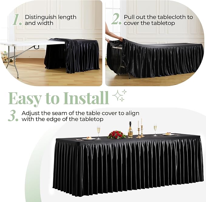 2 Packs Black Satin Tablecloths Rectangle 6FT, Glitter Fitted Stretch Table Covers Wrinkle-Free Floor Length Shimmer Table Skirt for Weddings Parties Baby Shower Banquets Vendor Events