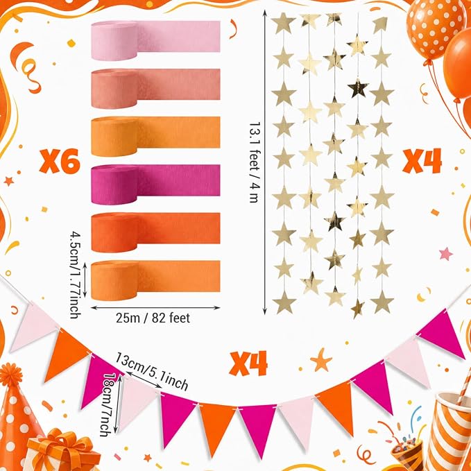 Frienda 14 Pcs Colorful Party Decorations Set 492ft Colorful Crepe Paper Streamers, 52.8ft Gold Star Garlands Backdrop and 4 Pennant Banner Flags for Wedding Birthday Fancy Party Hanging Decorations