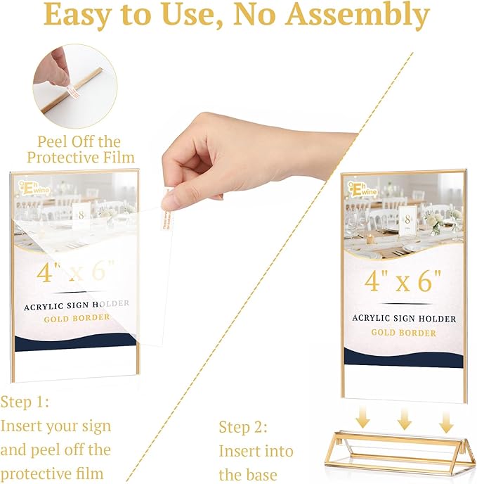 EHWINE 14 Pack 4×6 Clear Acrylic Sign Holder with Gold Borders and Vertical Stand, Double Sided Table Menu Holders Picture Frames for Wedding Table Numbers, Restaurant Signs, Photos and Art Display