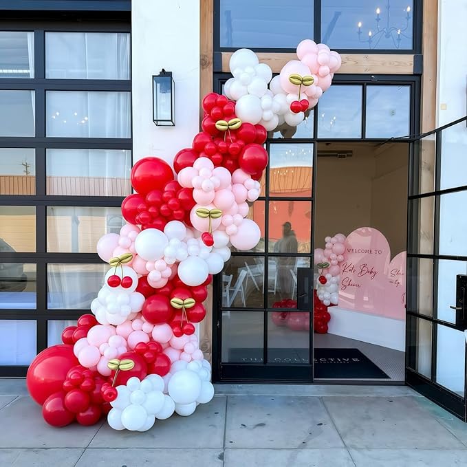 Cherry Balloon Garland Arch Kit, 115pcs Red and Pastel Pink White Metallic Gold Long Latex Balloons for Birthday Baby Shower Wedding Valentines Day Anniversary Cherry on Top Party Decorations