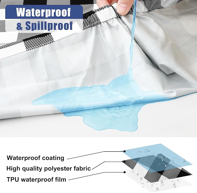 Smiry Picnic Table Cloth 4 Pack, Waterproof Elastic Fitted Tablecloths for 8FT Rectangle Tables, Washable Polyester Buffalo Plaid Tablecloth for Camping, Dining & Outdoor (Black & White, 30" x 96")