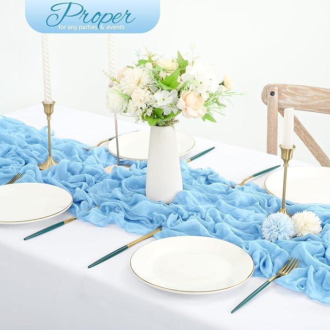20 Pack Light Blue Cheesecloth Table Runner 120 Inch 10FT Rustic Boho Gauze Cheese Cloth Table Runner for Wedding Party Baby Shower Thanksgiving Christmas Decoration