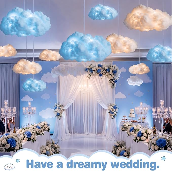 Lewtemi 8 Pcs Artificial Cloud Props with Lights 3D Fluffy Cotton Clouds Decorations 2 Sizes Hanging Clouds with Strings Hooks for Ceiling Room Wedding Party Classroom DIY Kit(White and Light Blue)