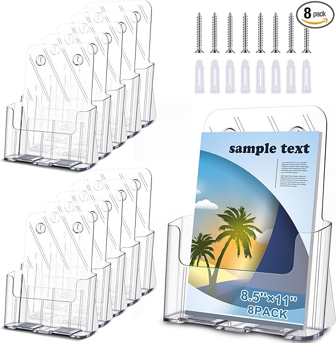 Blulu 8 Pack 8.5 x 11 Inches Acrylic Brochure Holder, Clear Flyer Holder Rack Wall Mount or Tabletop, Plastic Pamphlet Stand with Nails for Magazine, Booklet, Card, Bookmark Display, Office Supplies