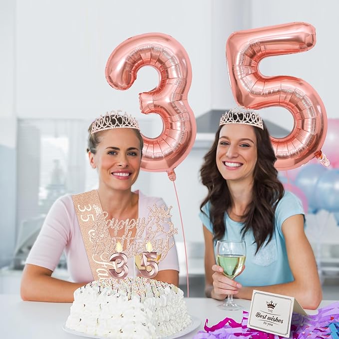 35th Birthday Decorations for Women, Including 35th Birthday Sash and Tiara, Cake Topper and Candles, Number Balloons, 35 Year Old Gifts for Women