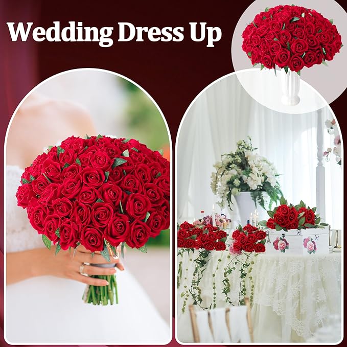 90 Pcs Red Velvet Rose Artificial Flowers, 51cm Silk Wedding Fake Silk Roses Florals for Centerpieces DIY Bouquet Party Arrangement Bridal Home Decor