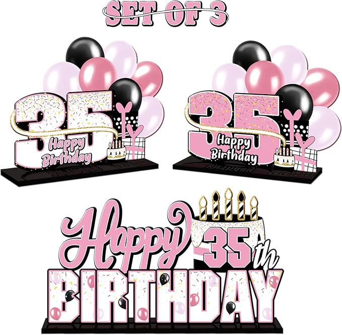 LINGTEER Happy 35th Birthday Pink Acrylic Table Topper Centerpieces Set - Cheers to 35 Years Old Birthday 35th Bday Party Gift Decorations.