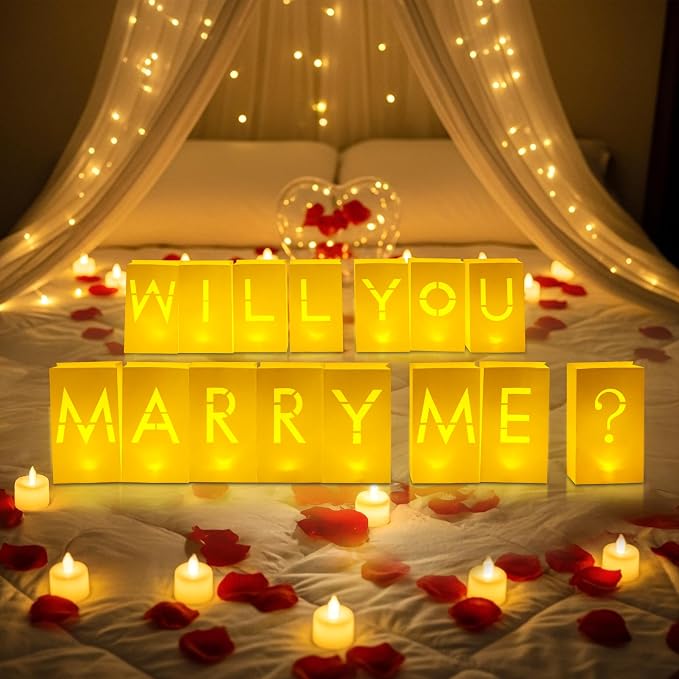 Luminary Paper Bags Wedding Proposal Decorations “Will You Marry me?” Light up Letters Sign for Engagement Party, proposals