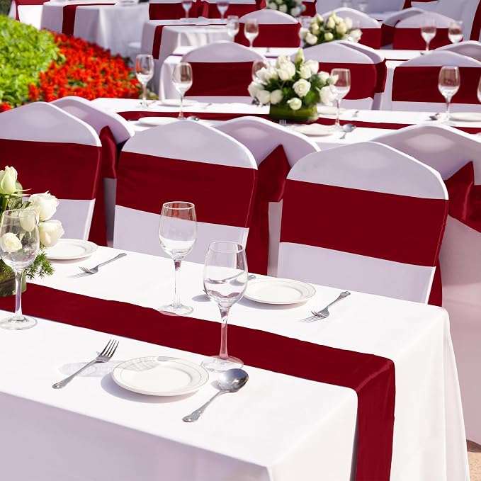 Aneco 12 Pack Satin Table Runner 12 x 108 Inch Burgundy Long Wedding Satin Silk Table Runner for Wedding Banquet Graduations Birthday Party Decoration