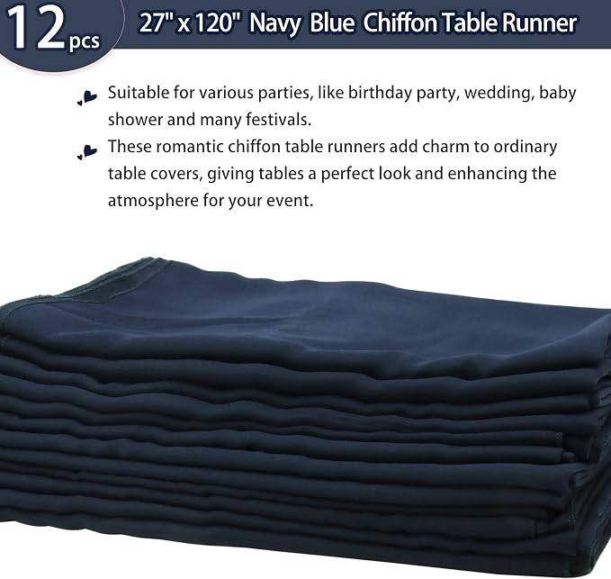 Fivenl 12 Packs Navy Blue 10Ft Chiffon Table Runner 27 x 120 Inches Sheer Chiffon Wedding Table Runner Romantic Boho Rustic Table Runner for Wedding Bridal Baby Shower Birthday Party Table Decoration