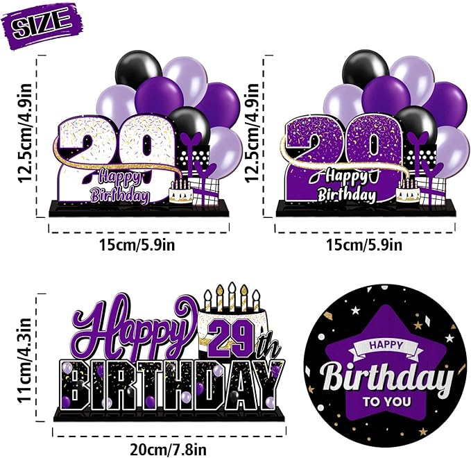 LINGTEER Happy 29th Birthday Purple Acrylic Table Topper Centerpieces Set - Cheers to 29 Years Old Birthday 29th Bday Party Gift Decorations.
