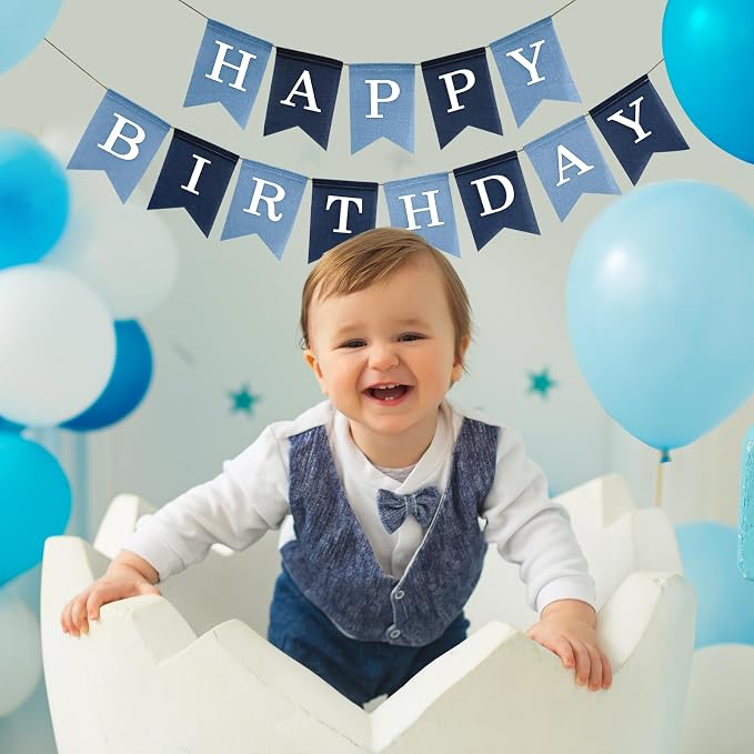 Pre-Strung Blue Happy Birthday Banner, No DIY Burlap Banner, Colorful Party Decorations for Boys, Reusable Fabric, Ready to Hang Birthday Decor