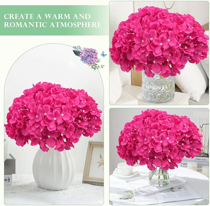 AVIVIHO 10pcs Hot Pink Fake Flowers Hydrangea Artificial Flowers Bulk (Not Squished, No Steaming Need) Silk Flowers with Stems for Wedding Decor,Home,Baby Shower,Table Centerpieces Decoration