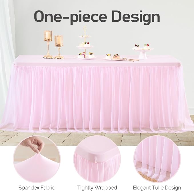4 Pack Pink Tulle Tablecloth Skirt for 6 Foot Rectangle Tables - Baby Shower Table Covers with Ruffle Tutu Detail - Stretch Fitted for Wedding, Girl's Birthday, Princess Themed Parties