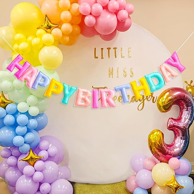 Pre-Strung Happy Birthday Banner - Felt Ball Garland, Rainbow Party Decorations, HAPPY BIRTHDAY Garland, Personalized Birthday Sign for Birthday Decor, Party Decor, Photo Prop (Pastel Happy Birthday Banner)