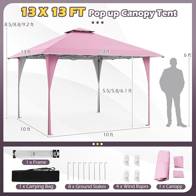 Tangkula 13x13 FT Pop Up Gazebo, UPF50+ Outdoor Sunshade Shelter with Carrying Bag, 8 Stakes, 4 Wind Ropes, Foldable Outdoor Gazebo for Beach Party Event Camping (Pink)