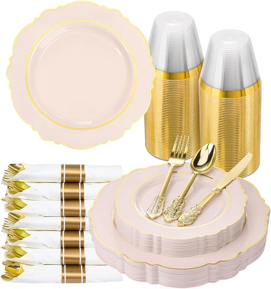 realluck 175 Piece Pink Plastic Dinnerware Set for 25 Guests Elegant Baroque Disposable Dinnerware for Weddings, Parties, 50 Plastic Plates, 25 Pre Rolled Napkins with Silverware, 25 Cups
